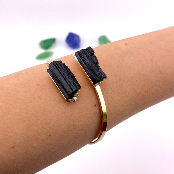Jewelry - Natural Black Tourmaline Open Double Stone 18k Gold Plated Cuff Bracelet